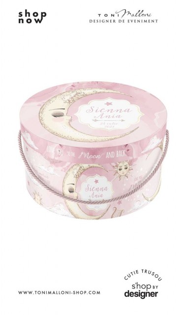 Cutie trusou roz pentru botez rotunda cu semiluna To the Moon and back 2